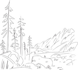 Obraz premium Minimalist of evergreen trees and rocky terrain