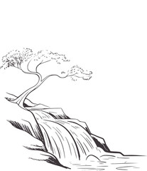 Minimalist pen and ink of a cascading waterfall with a lone tree © Fahim