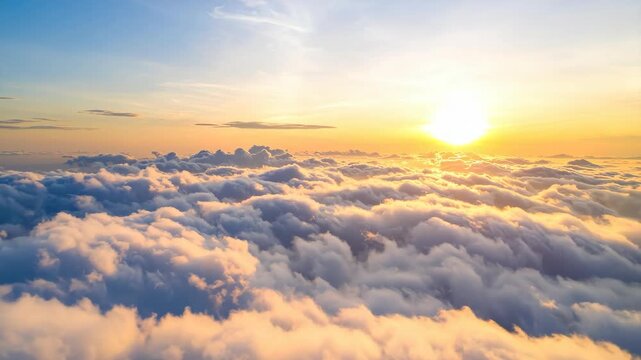 Golden sunrise illuminating fluffy clouds from above, aerial view of atmosphere