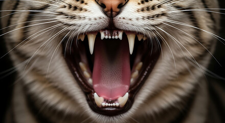 Obraz premium A fierce tiger's face with mouth open wide showing sharp teeth and whiskers in a close-up view