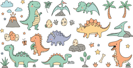 Obraz premium Cute cartoon dinosaur vector set with baby dinos, eggs, volcano, palm trees, footprints, and adorable prehistoric characters for kids