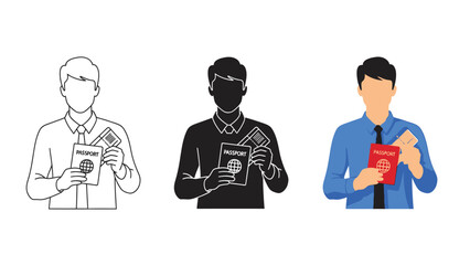 Fototapeta premium Set of icons representing a man holding a passport and money in three different styles outline, silhouette, and flat color illustration