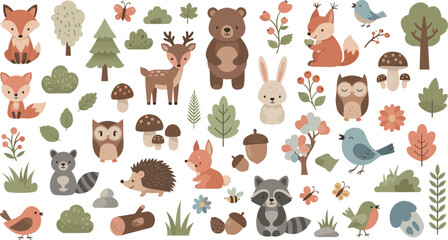 Fototapeta premium Cute woodland animals vector set with fox, bear, deer, owl, raccoon, hedgehog, birds, trees, leaves, and forest elements