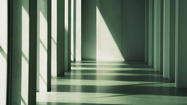 Architectural detail of a long, modern corridor with strong geometric patterns created by natural sunlight illuminating the floor and vertical wall elements, showing depth and perspective