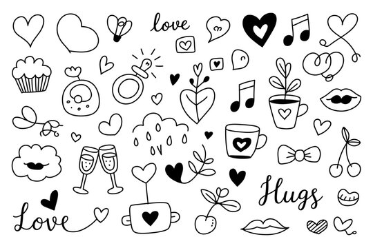 Hand drawn love and hugs doodle collection with hearts and music notes