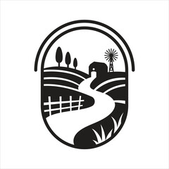 Rural farm scene with winding road and windmill illustration Vector