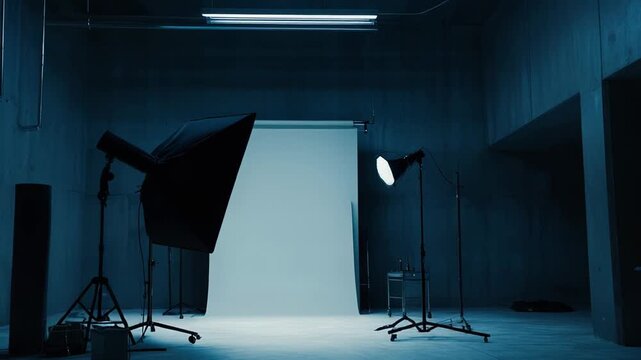 Photography studio space showcasing a white seamless backdrop and professional lighting equipment, creating a ready environment for capturing images or producing videos