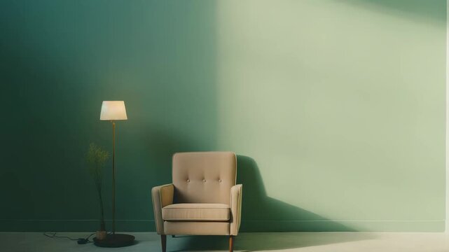 Modern living room interior creating a peaceful atmosphere with an upholstered armchair, a floor lamp, and a split green wall receiving natural sunlight and casting soft shadows