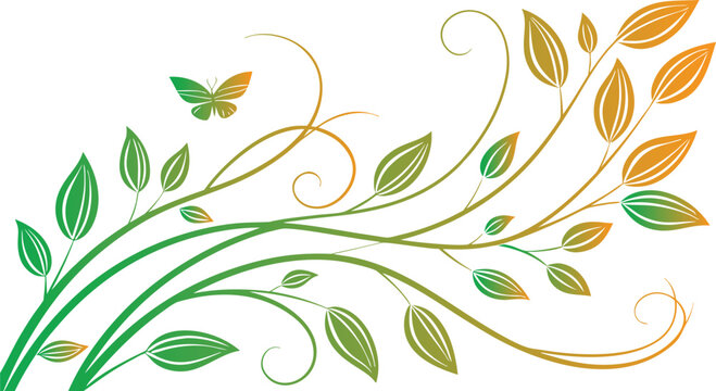 Elegant green and orange floral vine with delicate butterfly design, a graceful and vibrant illustration symbolizing nature's beauty and gentle transformation, perfect for decorative purposes