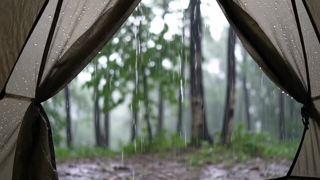 Capturing the serene ambiance from inside a waterproof tent, large raindrops gently patter and stream down the canvas, creating a soothing sound. A blurred misty forest provides a tranquil backdrop
