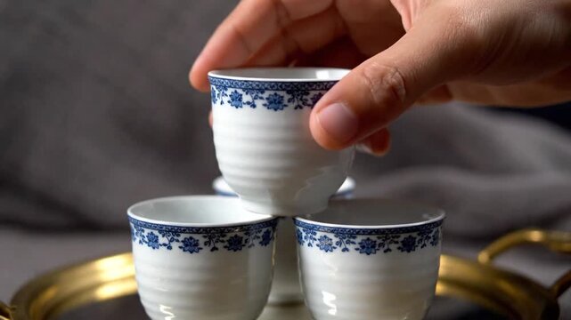 Hands delicately arrange or disassemble a pyramid stack of white porcelain teacups featuring blue floral patterns, resting on a reflective golden tray in a close-up setting.