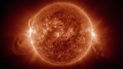 Naklejka premium Solar limb with prominences. Close-up of the Sun showing bright corona glow, looping plasma arcs and flare activity above the surface; astronomy and space science concept