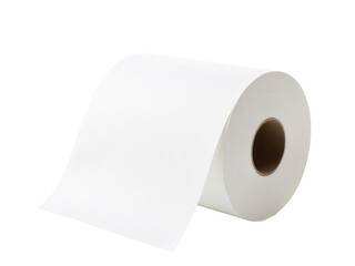 A single roll of toilet paper on a white surface