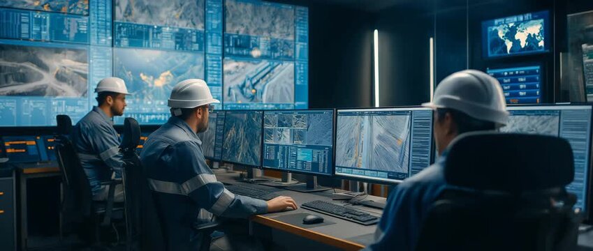 Mining professionals monitoring operations in high-tech control room, automation and efficiency concept