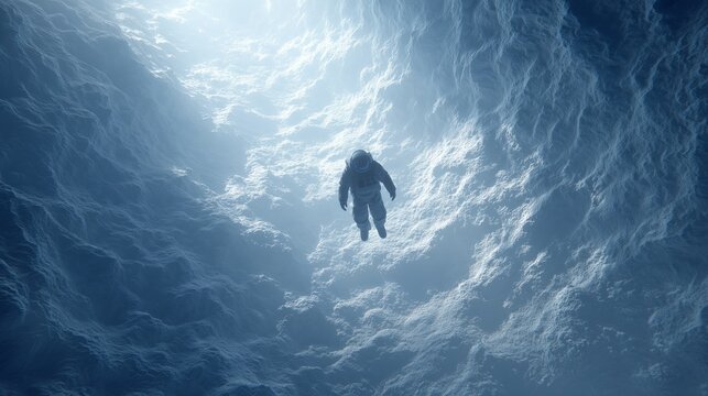 An astronaut floating in an ice cave. A man in a spacesuit hovering over frozen blue textured walls, illuminated from above; a science fiction exploration concept