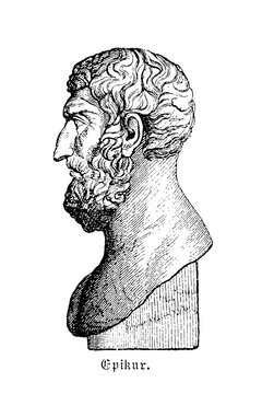 Epicurus bust with curly hair and contemplative expression, showing Hellenistic philosopher iconography and Epicurean school founder representation, old vintage illustration, 1880.
