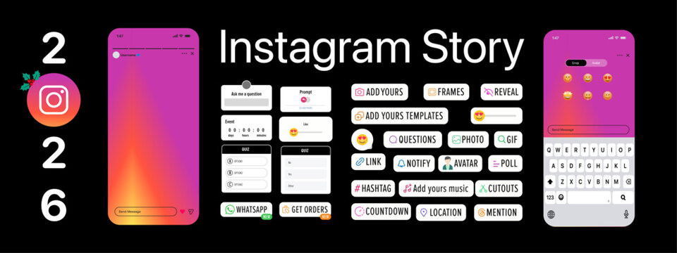 Social media interface stickers instagram, stories social media icons. Templates stories, hashtag, polls, emoji slider, countdown. Vector illustration