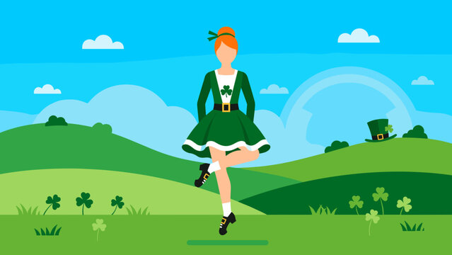 illustration of a woman performing Irish dance in traditional attire on St. Patrick&rsquo;s Day