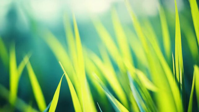 Lush green grass blades thrive in a gentle, diffused light, creating a serene abstract natural background representing growth, freshness, and environmental harmony
