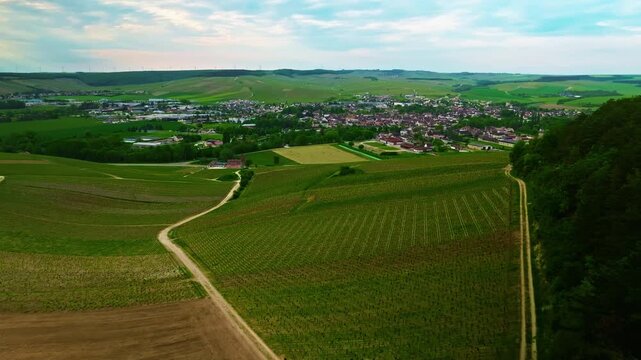 Aerial view of the famous French small town of Chablis, where grapes are grown and famous wine is made. Burgundy Region, France