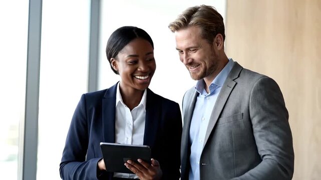 Diverse colleagues, a man and a woman in business attire, review data on a digital tablet, smiling and collaborating effectively in a bright modern office. They share ideas and make friendly eye cont