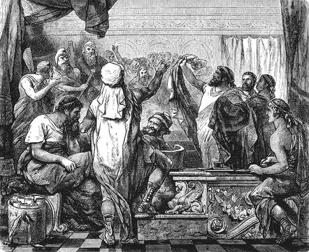 Quintus Fabius Maximus formally declaring war against Carthaginian representatives, showing Roman diplomatic protocol and Second Punic War initiation ceremonies, old vintage illustration, 1880.