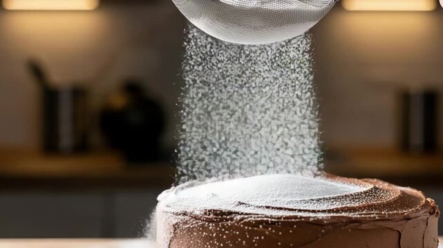 Powdered sugar being sprinkled on chocolate cake in kitchen