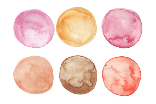 Watercolor Circles Set. Hand painted circle blobs isolated on white background. Watercolour round stains collection. Orange, yellow, pink and brown colors.