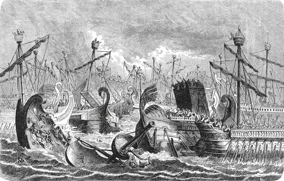 Roman warships ramming and sinking Carthaginian vessels during decisive naval battle at Aegates Islands, old vintage illustration, 1880.