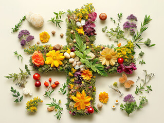 Natural wellness theme with a medical cross made of herbal elements