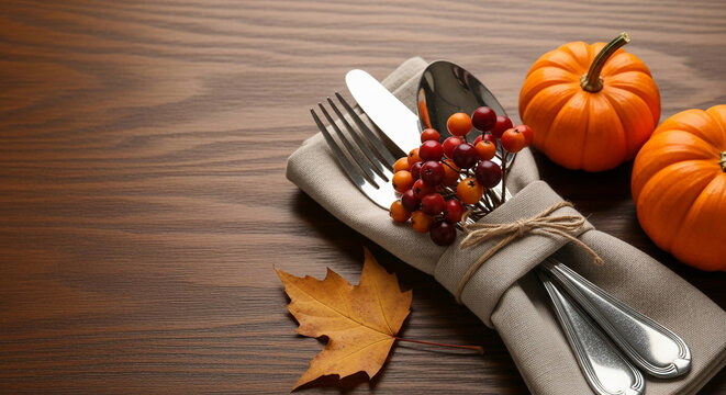 Autumnal table setting: cutlery, napkin, berries, pumpkins, and leaf on wood, suggesting Thanksgiving or harvest theme, ideal for fall invitation or menu