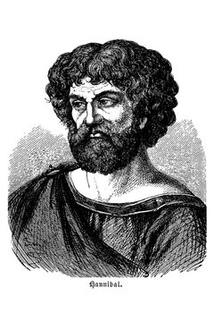 Hannibal Barca with beard, curly hair and intense expression in Carthaginian attire, old vintage illustration, 1880