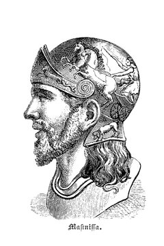 King Masinissa of Numidia wearing ornate helmet with chariot motif, showing North African ruler iconography and Roman ally representation in Punic Wars, old vintage illustration, 1880