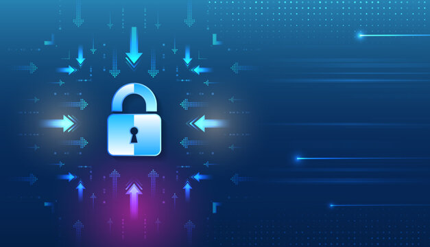 Cyber security concept with a glowing digital lock and directional arrows, symbolizing protected data flow, access control, encryption, and secure information systems.