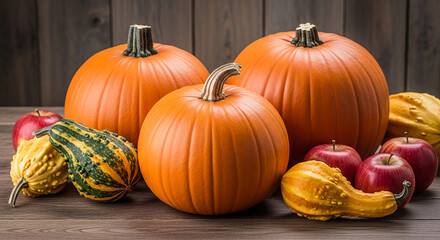 Three orange pumpkins, gourds, and red apples arranged on wooden surface, showcasing autumn harvest abundance and Thanksgiving theme
