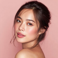 Fototapeta premium Young Asian woman with clear skin, soft makeup and long hair on pink background with her calm toward the camera.