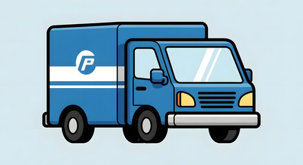 Fototapeta premium Blue delivery truck with white logo on light background