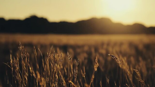 Golden sunlight gently illuminates natural tall grass in a peaceful field, creating a warm, tranquil atmosphere capturing the beauty of nature and the serene essence of a summer evening