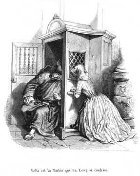 A wolf dressed as priest hearing confession of a sheep in church confessional booth, old vintage illustration, 1845.