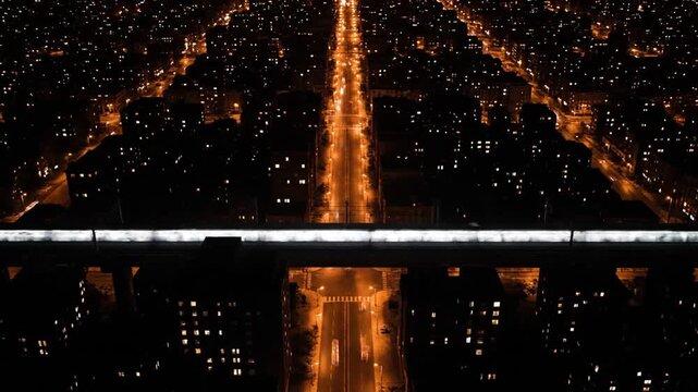 A mesmerizing time-lapse captures a massive urban landscape at night. The aerial view focuses on a central, brightly illuminated street disappearing into the horizon, flanked by countless glowing apa