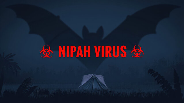 Illustration of Nipah Virus threat with silhouette of bat above tent in dark forest, symbolizing zoonotic spillover, viral transmission, and emerging infectious disease surveillance