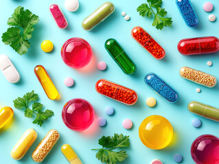 Aesthetic flat lay of essential vitamins and supplements for wellness