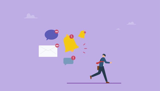 Businessman running away from apps, email and ringing bell notifications. Annoy notifications disturbing pop up or online message sound, marketing or advertising push notifications.