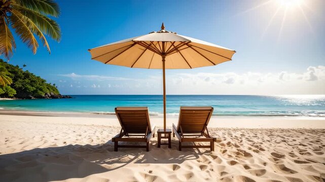 Serene tropical beach with two empty lounge chairs and a parasol