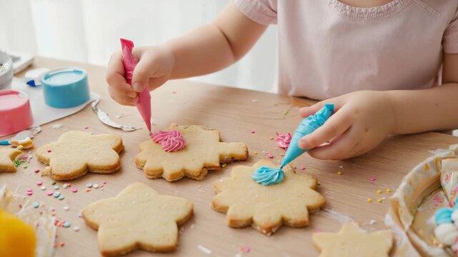 Child decorating Christmas cookies with colorful frosting and sprinkles on wooden table