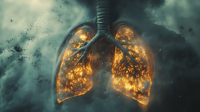 Diseased lungs breathing toxic smoke and polluted air