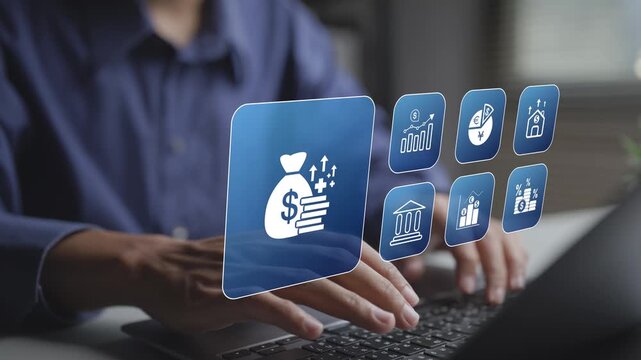 Digital inflation analysis with virtual charts, currency and economic indicators. Business professional monitoring price changes, purchasing power and financial data via an online platform.