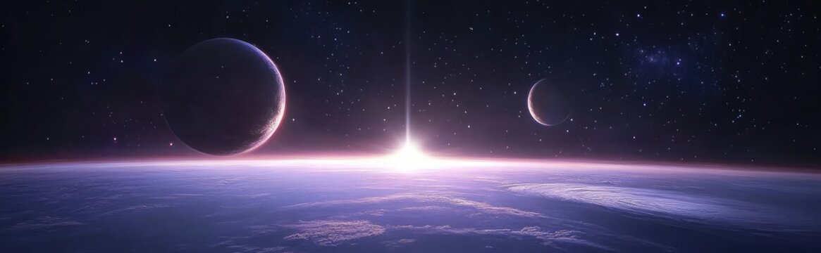 A blue and purple galaxy background with stars, a small white light in the center of it.