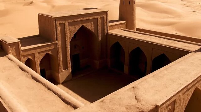 A slow, aerial orbit reveals an ancient mudbrick desert structure, likely a caravanserai or mosque, nestled among vast orange sand dunes under intense sunlight. The camera focuses on the courtyard.