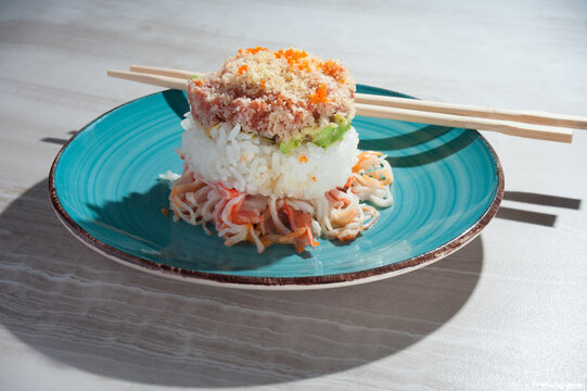 Ahi tuna tower with snow crab and avocado